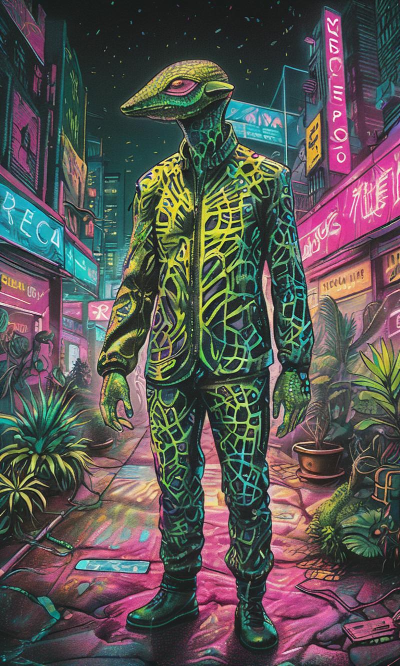 43186781-738321054-serco style, a shapeshifter with holographic skin, navigating through a neon-lit urban jungle, their body morphing seamlessly wi.png